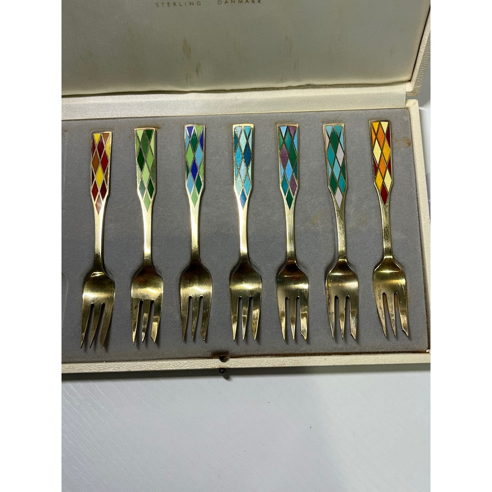 Vintage Georg Jensen Sterling Silver Enamel Harlequin Dessert 7 Forks Denmark - Picture 3 of 12